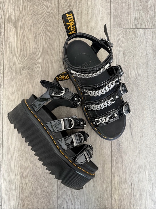 Dr. Martens Shoes - Dr. Martens Black Patent Platform Chain-Strap Sandals